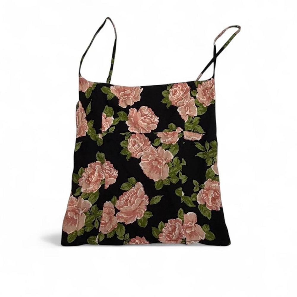 Reformation Grace Rosalia Black Pink Rose Floral Cami Top Smocked Square Neck